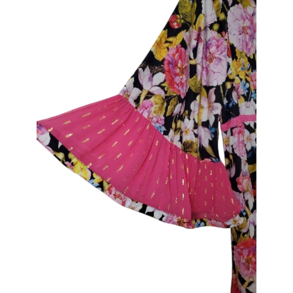 NWT Aratta Flower Bomb High Low Dress Pink Black L/S V-Neck Button Front Small - Picture 6 of 13